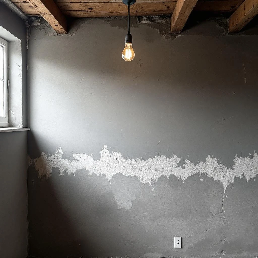 Belgische keldermuur met vochtvlekken - witte minerale afzettingen die behandeling vereisen
