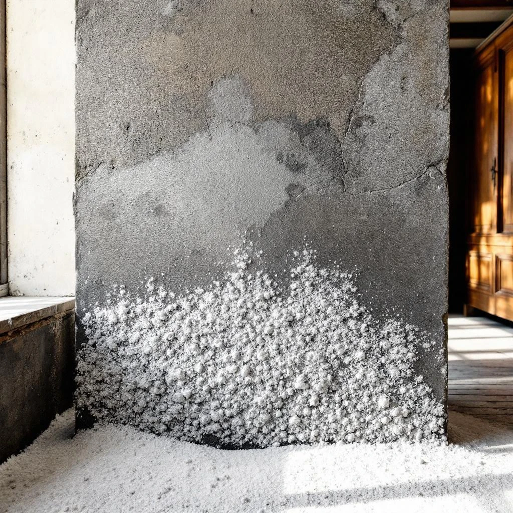 Witte zoutafzettingen langs onderkant Belgische keldermuur - kristallijne uitslag